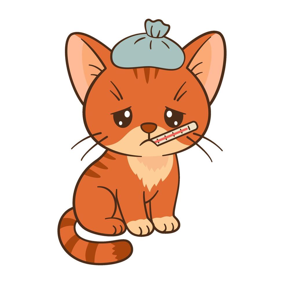 Sick kitten with thermometer and compress. Cute ginger tabby with sore paw. Chibi Flat style clean, simple design. Perfect for childrens content, greeting card, sticker, tshirts, mug, poster vector