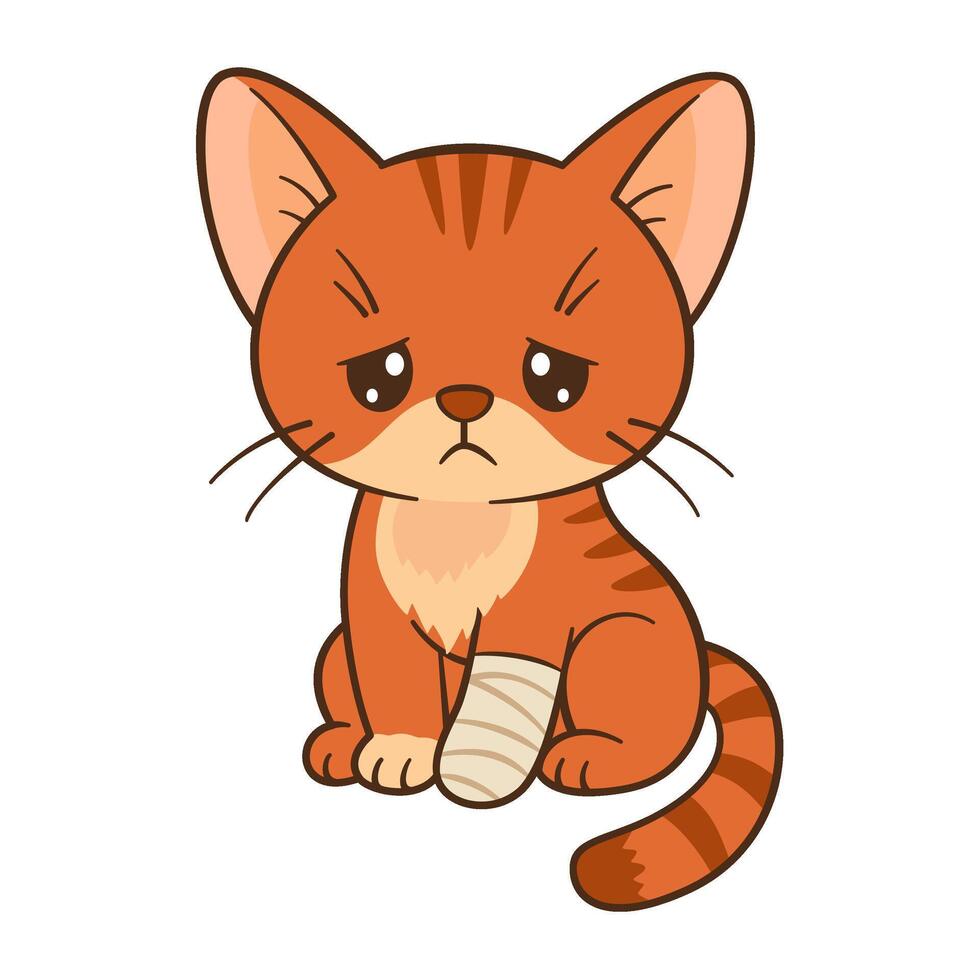 Sad cartoon kitten sits with a bandaged paw. Cute ginger tabby with sore paw in Chibi Flat style clean, simple design. Perfect for childrens content, greeting cards, stickers, tshirts, mug and poster vector