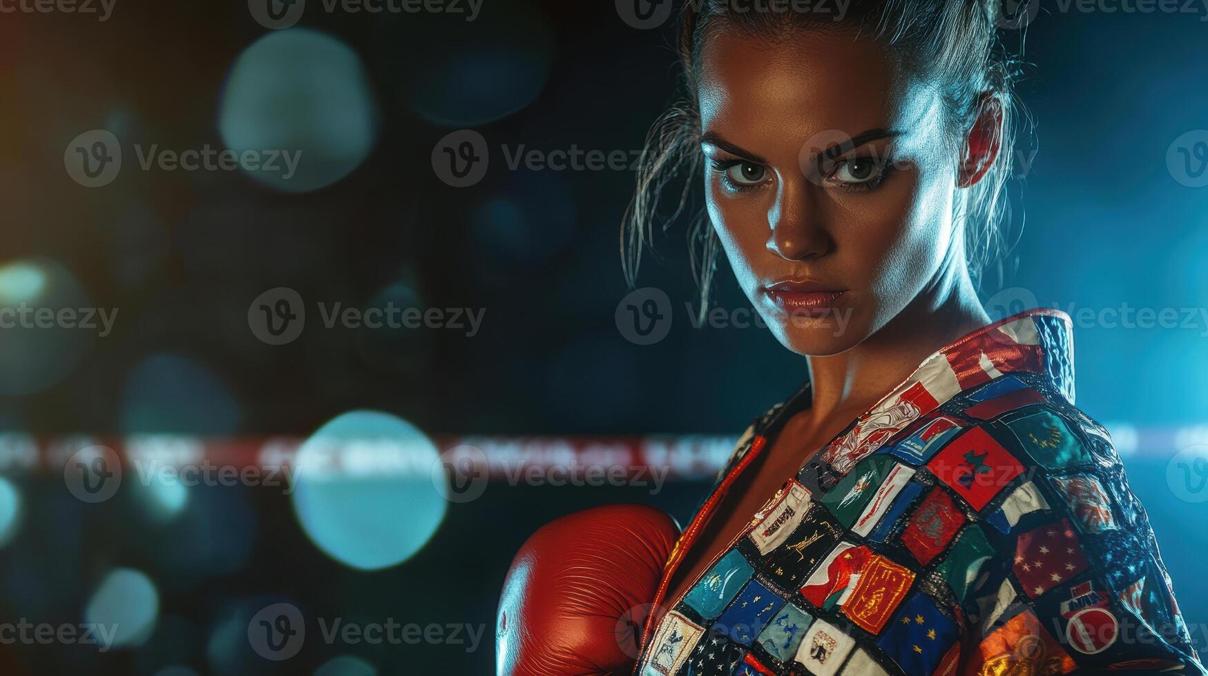 Determined young caucasian female boxer in vibrant flag jacket with red gloves in a dynamic studio setting against a bokeh background. Ring boxing competitions photo