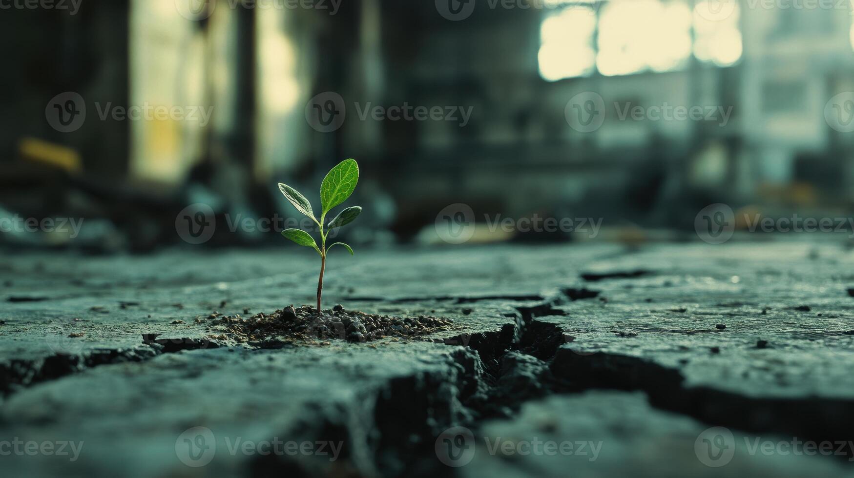 Resilience and growth, a green seedling thriving in cracked ground. Symbolism of fresh starts photo