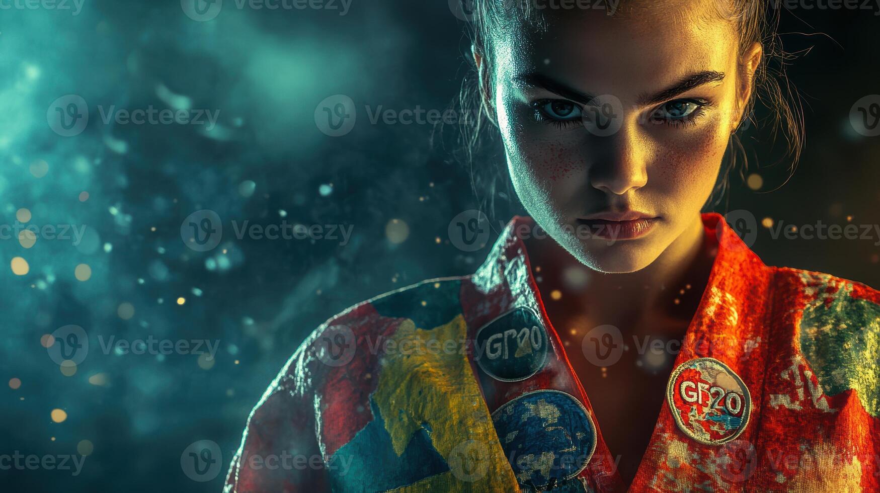 Intense young female with colorful attire standing in dramatic lighting amidst smoke and sparkles in gritty urban setting. Ring boxing competitions photo
