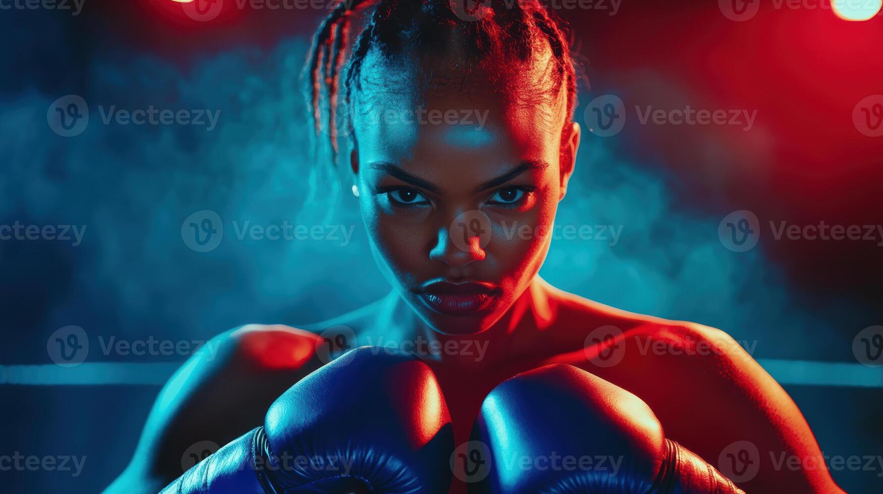 Intense portrait of african female boxer in dramatic blue and red lighting emphasizing strength and focus in athletic competition setting. Ring boxing competitions photo
