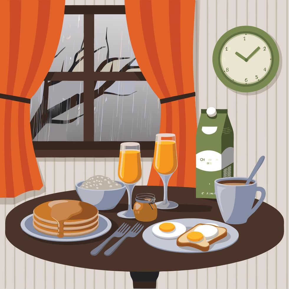 A Cozy Rainy Day Breakfast Scene with Pancakes, Eggs, Toast, Juice, Cereal, Honey, Coffee, and a Wall Clock Showing vector