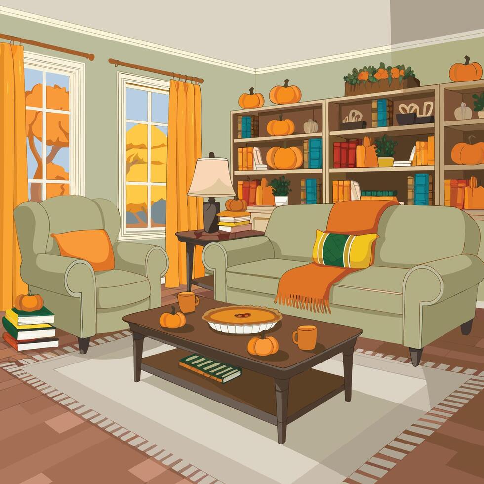 Cozy Autumn Living Room Scene with Soft Green Furniture, Pumpkin Decor, Warm Orange Accents, Bookshelves, and a Coffee Table with Pie and Mugs vector