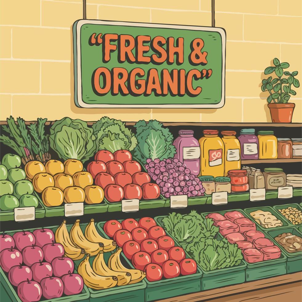 Vibrant Fresh and Organic Produce Display in a Charming Illustrated Grocery Store vector