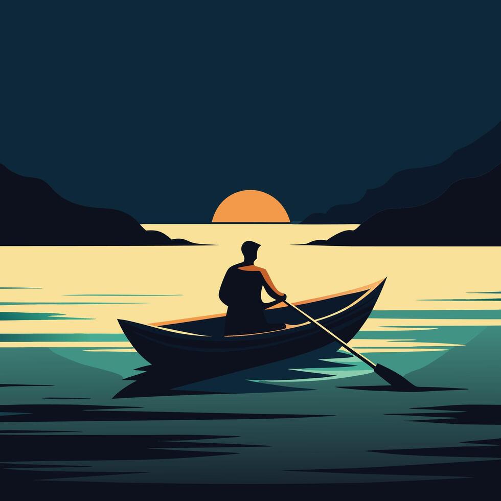 Solitary Oarsman Silhouetted Against a Tranquil Sunset Lake Landscape vector