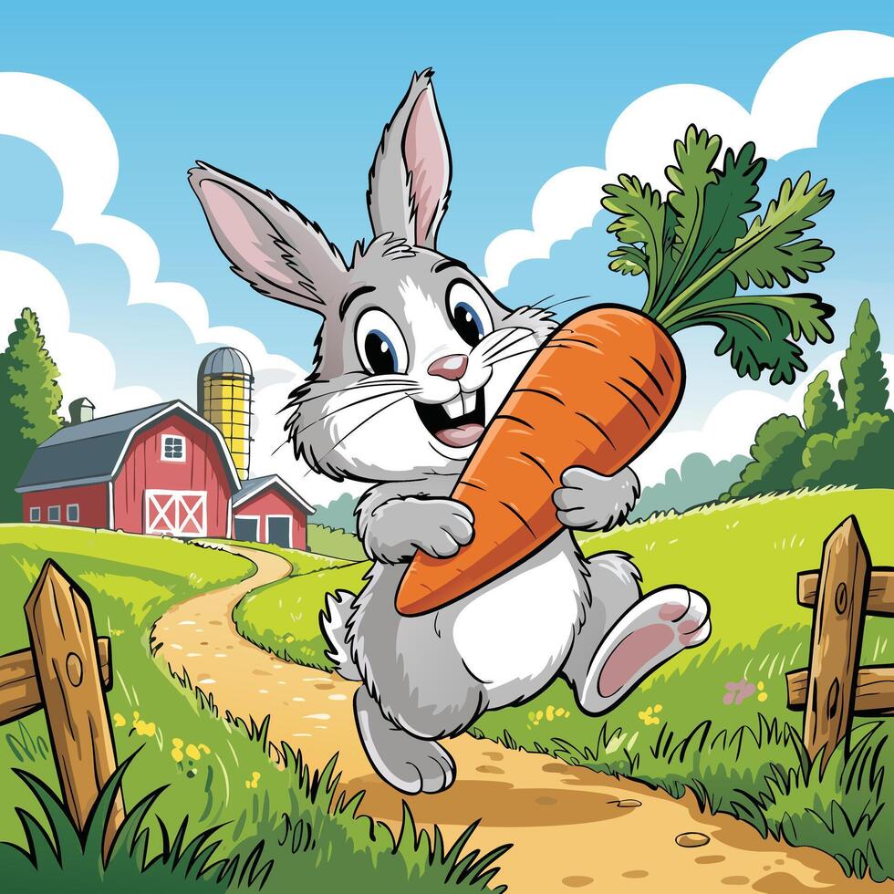 A Joyful Bunny's Harvest Skipping Down the Farm Path with a Giant Carrot vector