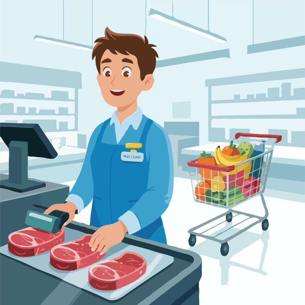 Supermarket Cashier Scanning Meat at Checkout Counter with Full Shopping Cart vector