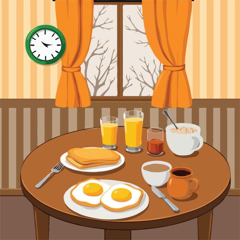 A Cozy Breakfast Scene by a Window on a Round Wooden Table vector