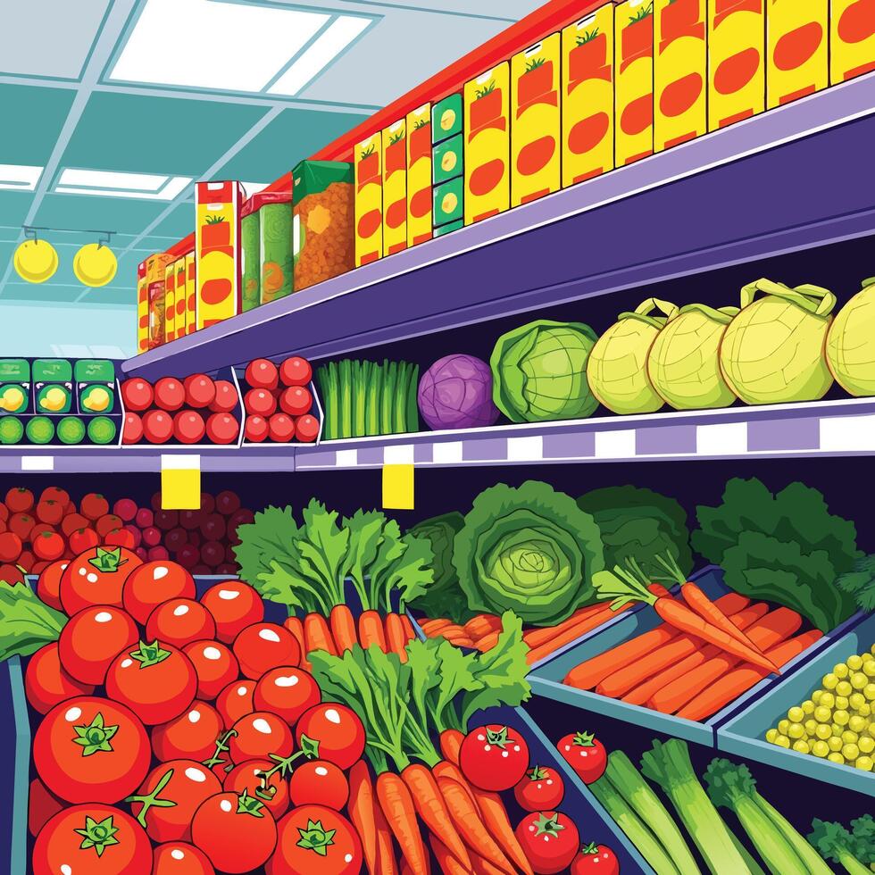 Colorful Produce Aisle in a Vibrant Grocery Store vector
