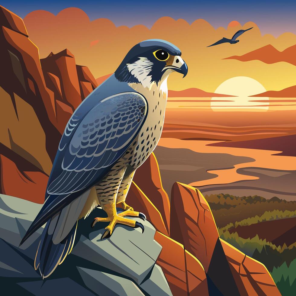 Majestic Falcon Surveys the Golden Valley at Sunset Over a Winding River vector