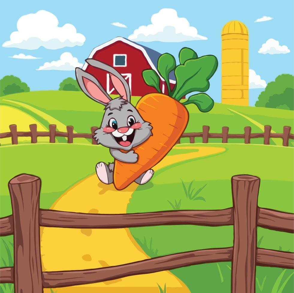 Happy Cartoon Bunny Carrying a Giant Carrot on a Sunny Farm Path vector