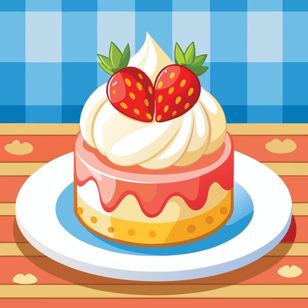 Cartoon Strawberry Cake on a White Plate with Whipped Cream and Mint Leaves vector