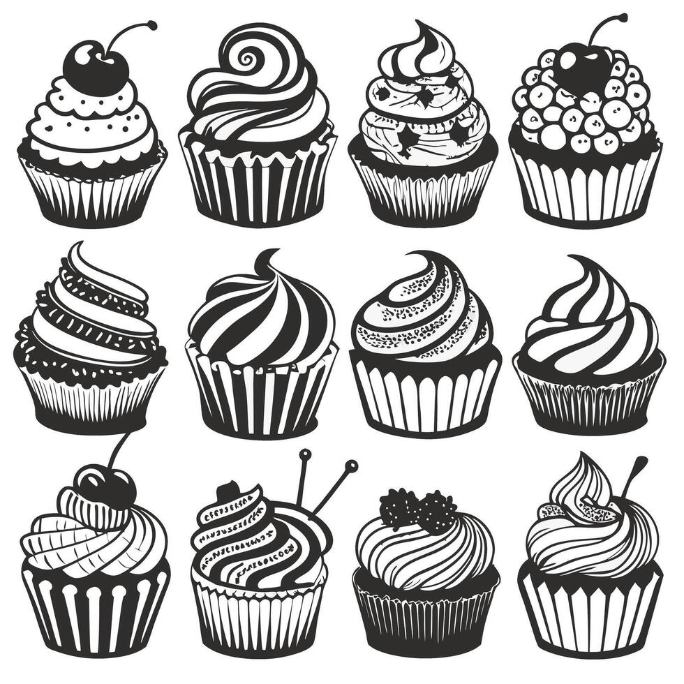 Twelve Distinctive Cupcake Sketches in a Grid Arrangement vector