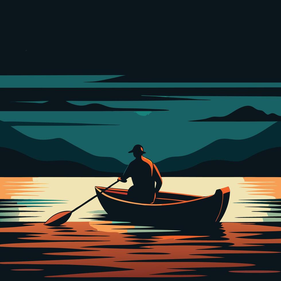 A Tranquil Night Scene of a Person Rowing a Small Boat on Calm Waters Under a Full Moon vector