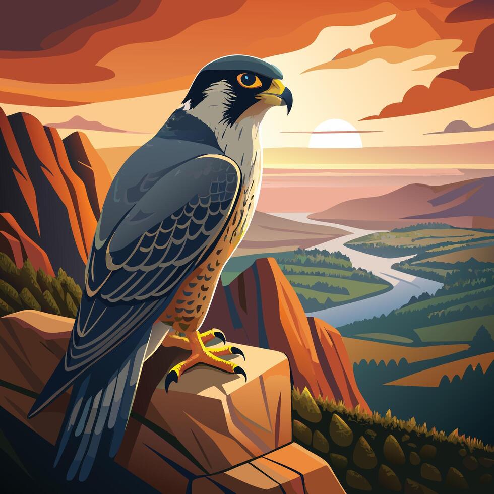 Peregrine Falcon Perched on Rocky Summit Overlooking a Breathtaking Mountain Landscape at Dusk vector