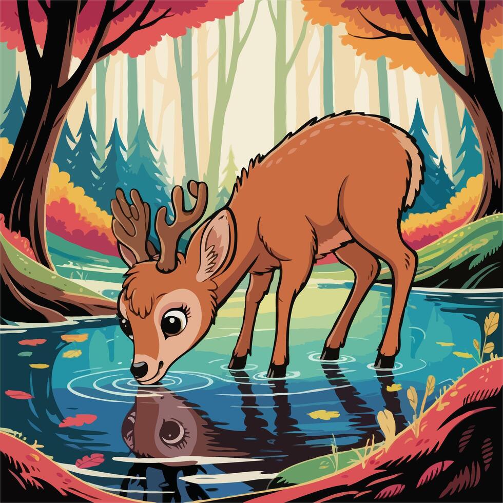 Young Deer Drinking at a Tranquil Forest Pond in Autumn vector