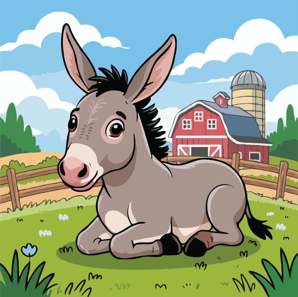 Cute Cartoon Donkey Laying in Green Grass on a Farm with Red Barn and Silo Under a Blue Sky vector