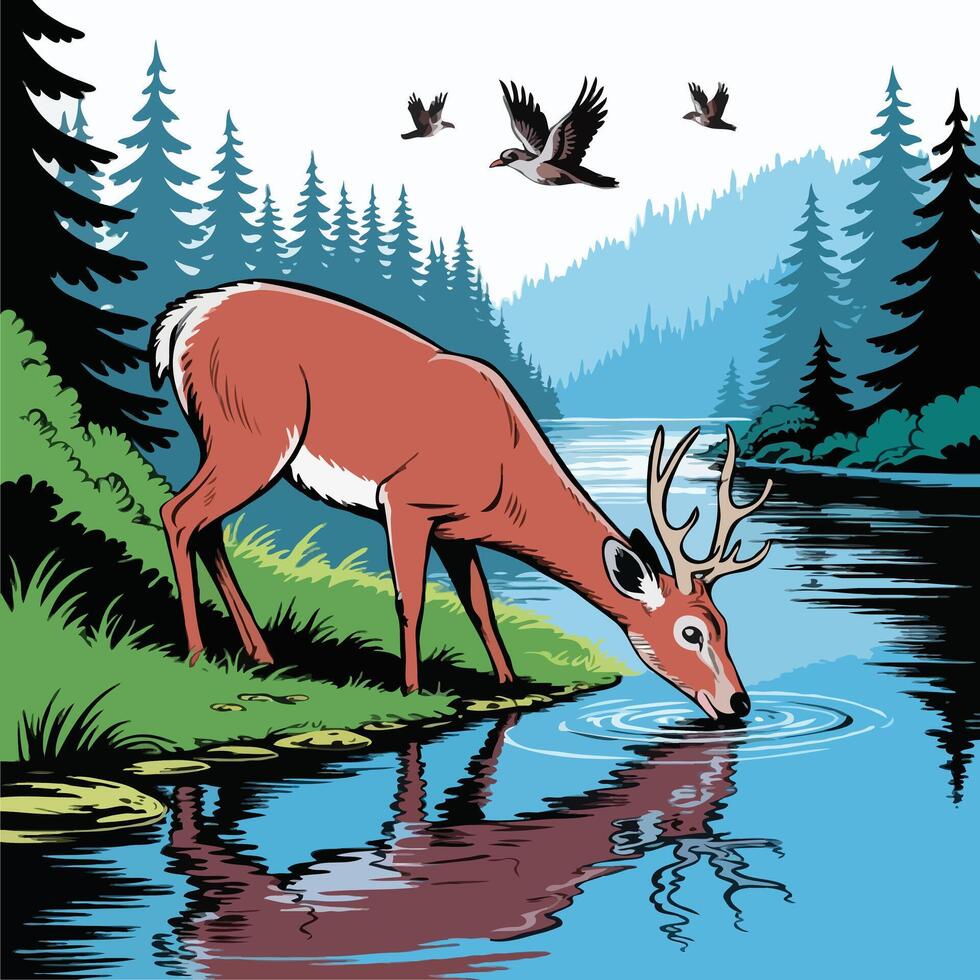 An Illustration of a Buck Drinking by a Lake with Evergreen Shores and Silhouetted Birds vector