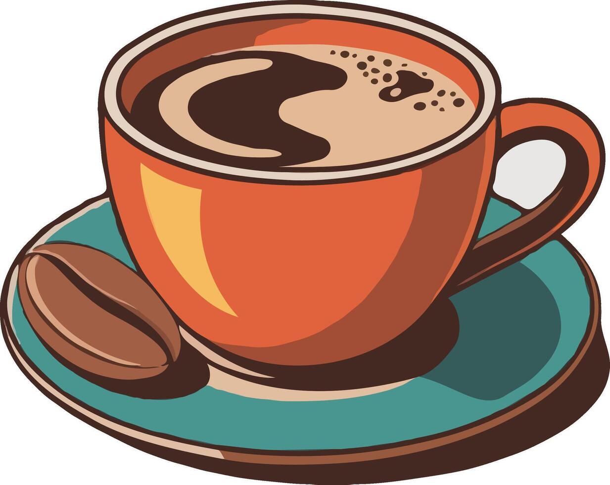 Vibrant Orange Coffee Cup with Teal Saucer and Coffee Bean Illustration vector