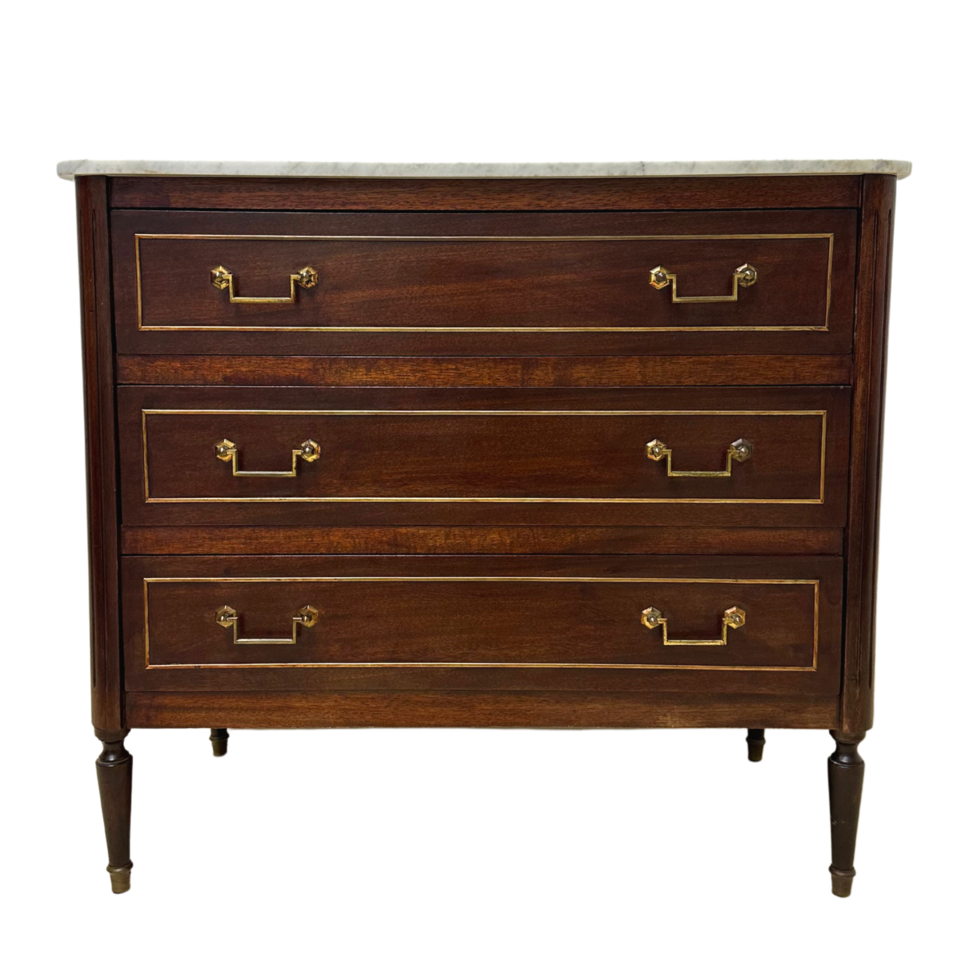 Mid 20th c Louis XVI Style Commode with White Marble Top Front png