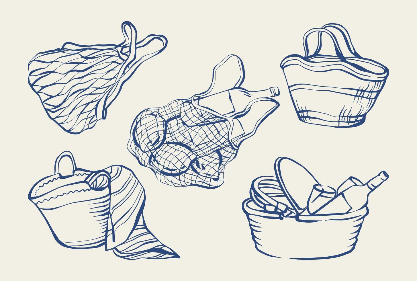 Hand drawn beach bag set. Summer ink illustration of beach bags, totes, picnic basket with lemons, bottle, towel. Vintage Mediterranean doodle . Summer sketch for posters, cards, invitations. vector