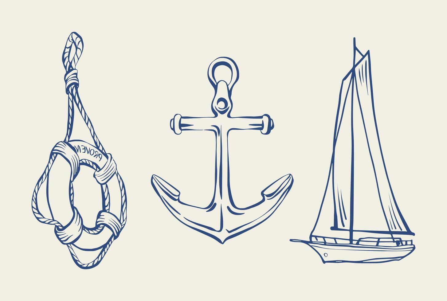 Nautical vintage set with anchor, lifebuoy, and yacht in hand drawn ink sketch style. Blue whimsical marine design in line art for summer, travel, sea, and sailing themes, posters, cards, patterns. vector