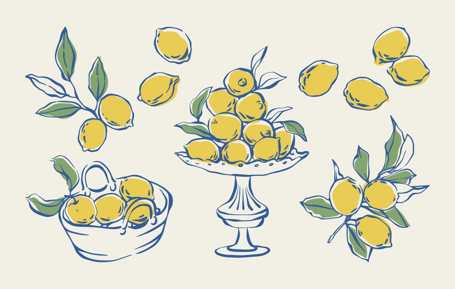 Hand drawn lemon set. Whimsical lemon fruits, branches with leaves, fruit bowl, and basket. Vintage doodle in Mediterranean style. Summer illustration for patterns, posters, cards, invitations. vector