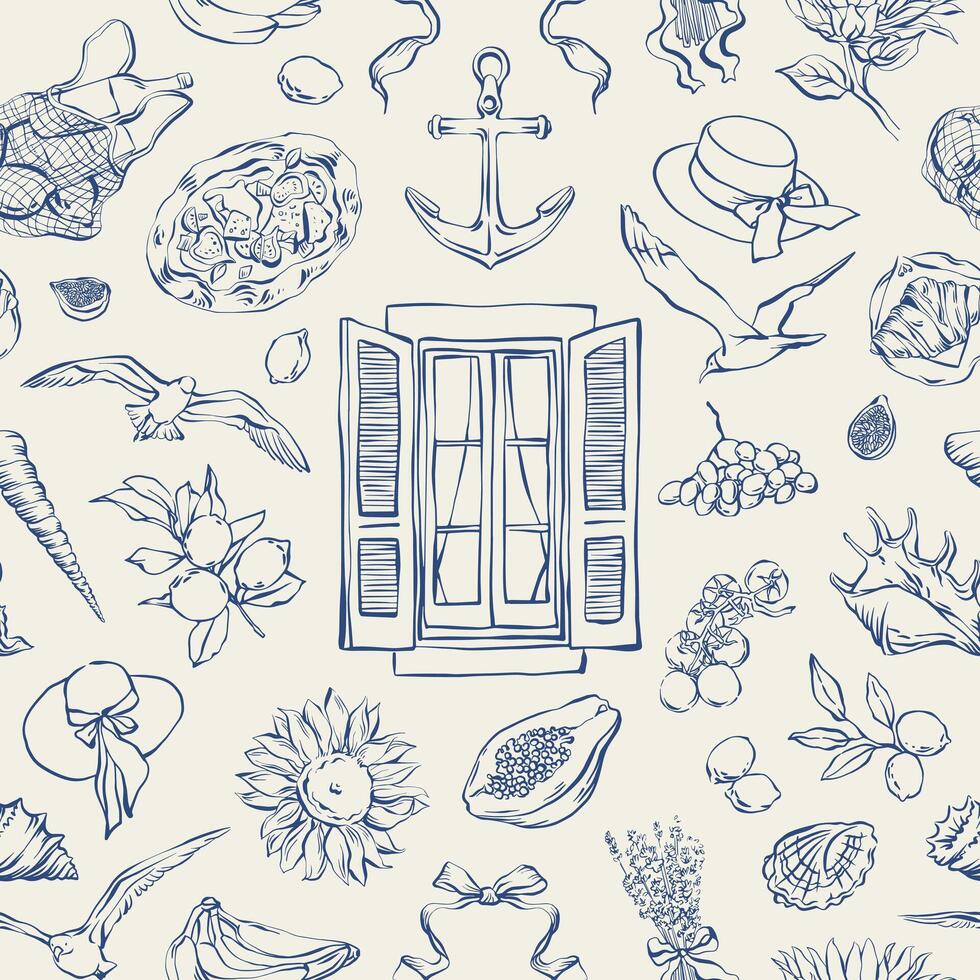 Coastal Italian summer seamless pattern in vintage style with, Mediterranean mood, food, lemons, shells. Hand drawn Provence line art pattern for textile, packaging, wallpaper, wrapping, card. vector