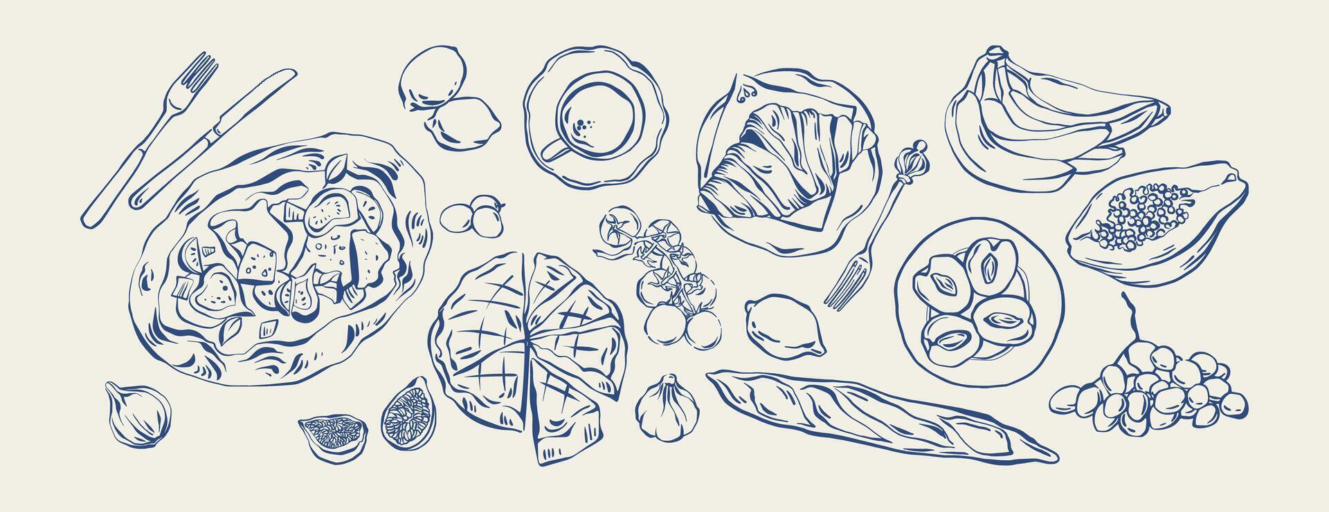 Mediterranean food and fruit hand drawn sketch vintage style set with pizza, croissant, baguette, fig, lemon, grape, utensils. For culinary design, branding, menu, packaging. Rustic ink drawing vector