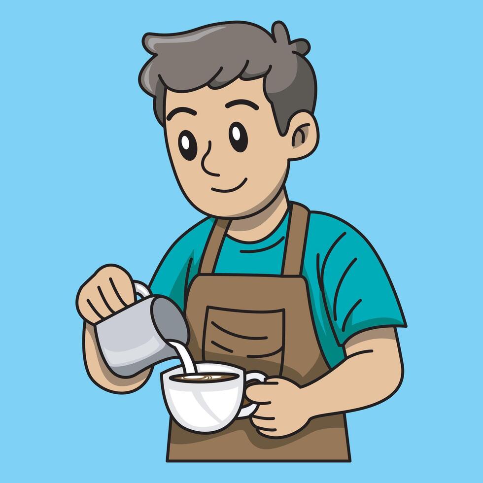 Barista Pouring Milk into Coffee. Male barista is making coffee latte vector