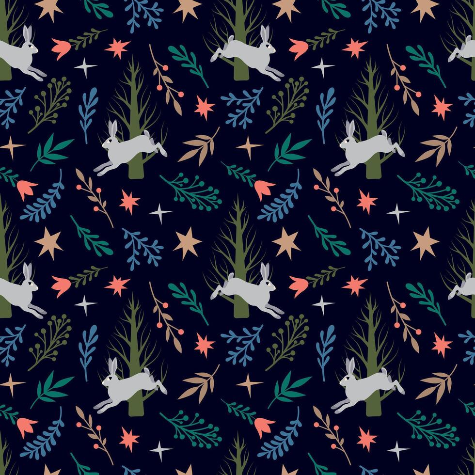 Whimsical Rabbit and Forest Seamless Pattern. Rabbit leaping among stylized trees, stars, and leaves. Dark background accentuates colorful natural elements. Perfect for textiles and wallpapers. vector