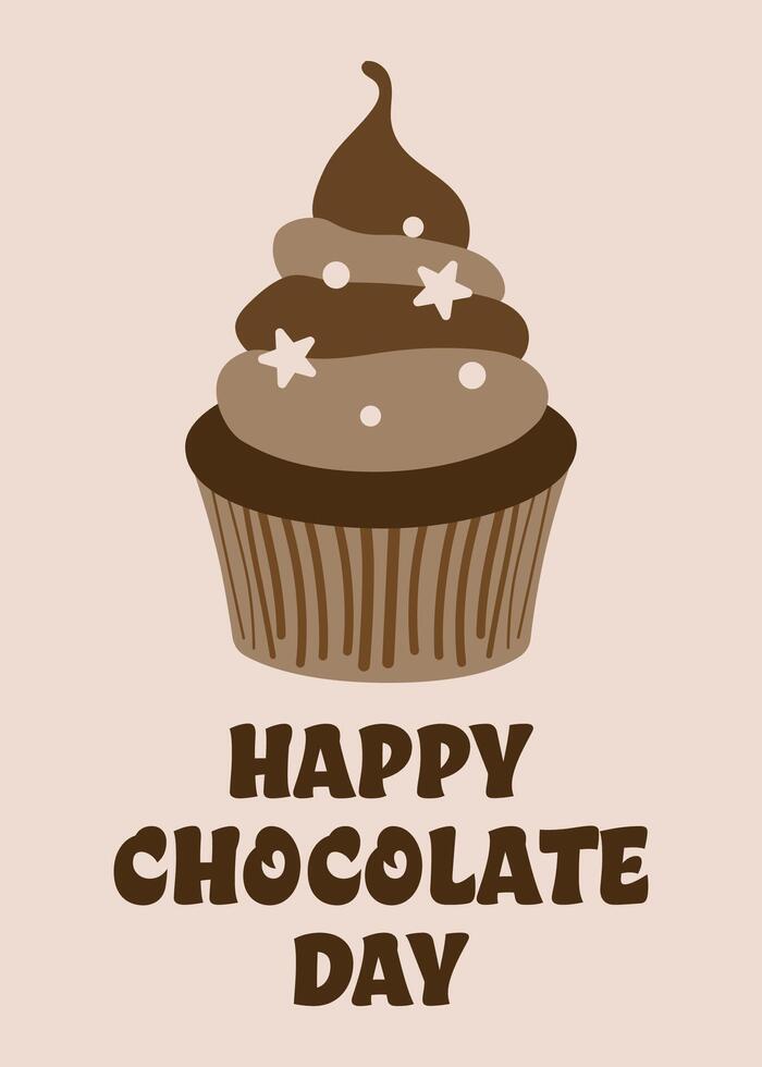 Happy Chocolate Day Cupcake Illustration. Chocolate cupcake with a swirl of frosting and decorative stars vector