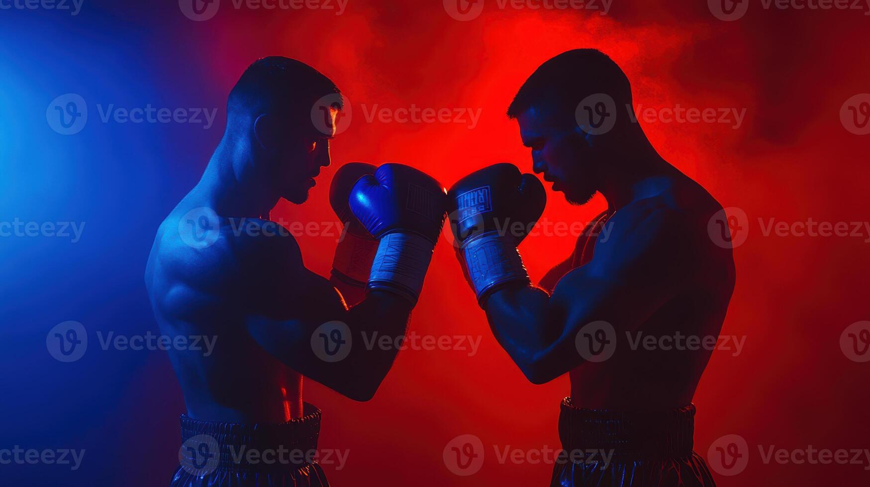 Two male athletes in intense boxing face-off against a vibrant backdrop, showcasing strength and determination in dynamic athletic competition. Ring boxing competitions photo