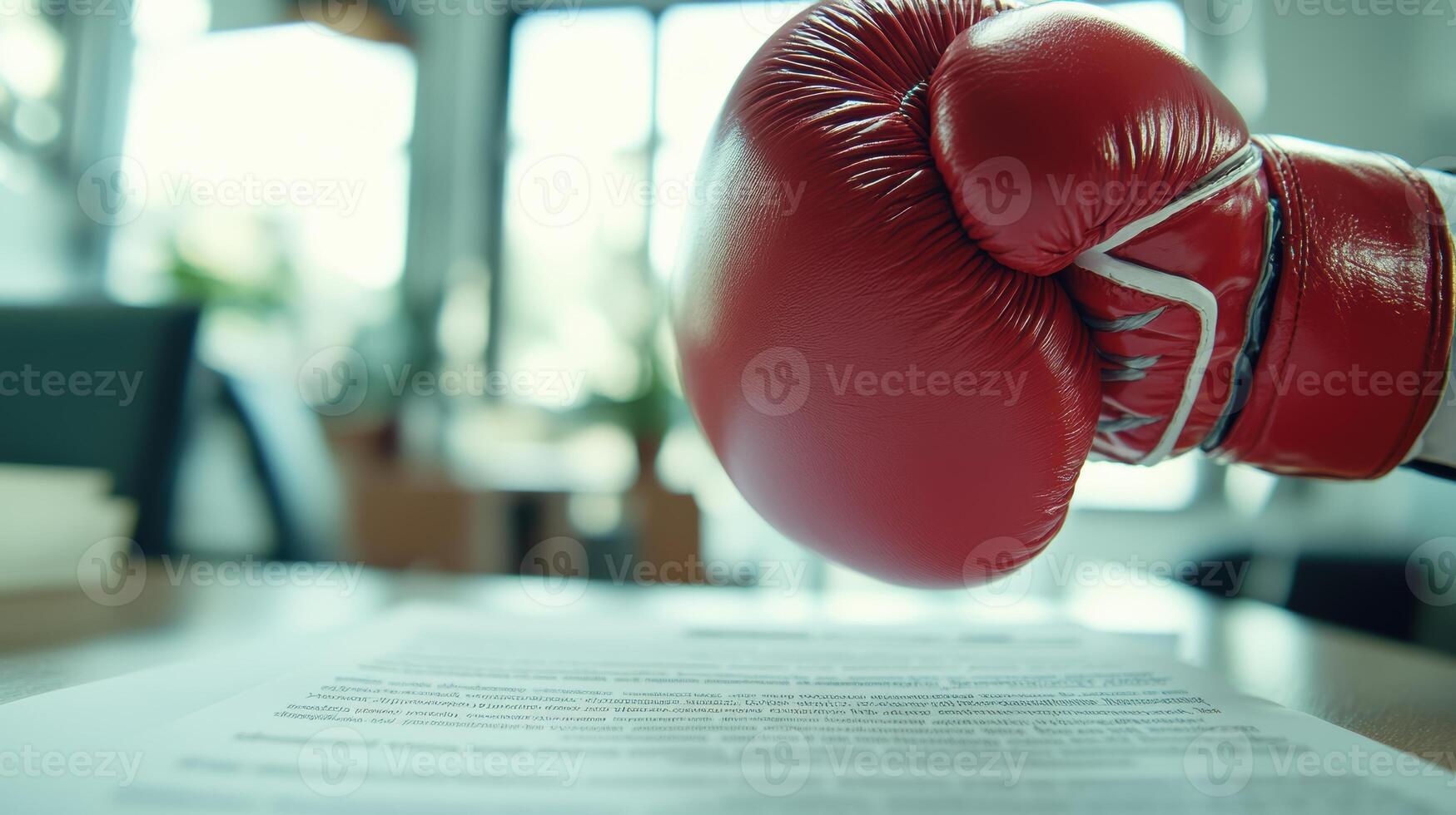 Red boxing glove punches document on table in bright office setting, symbolizing challenge and determination in business environment. Ring boxing competitions photo