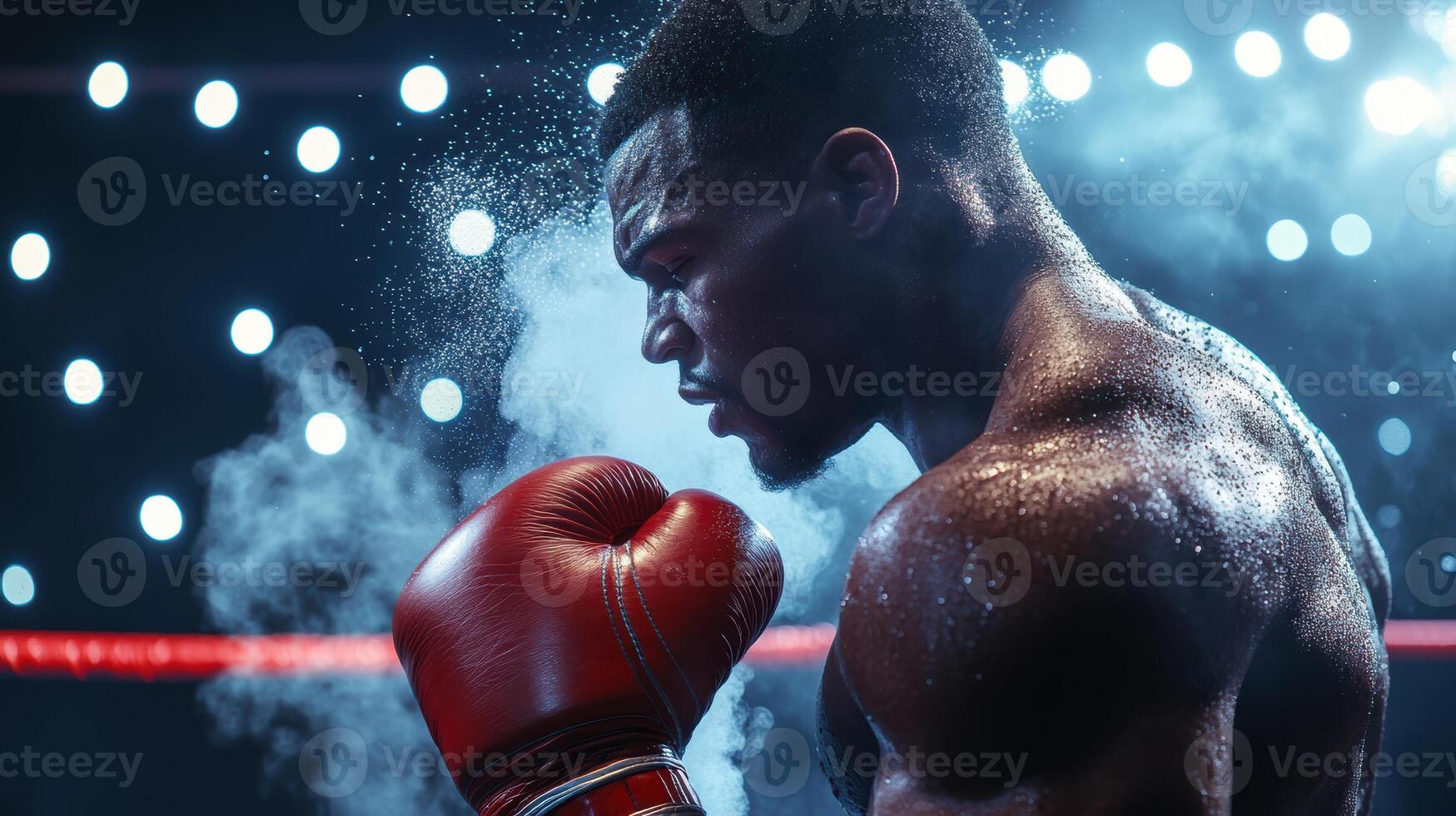 Intense young african male boxer training with red gloves in a foggy boxing ring at night under bright spotlights highlighting his strength. Ring boxing competitions photo