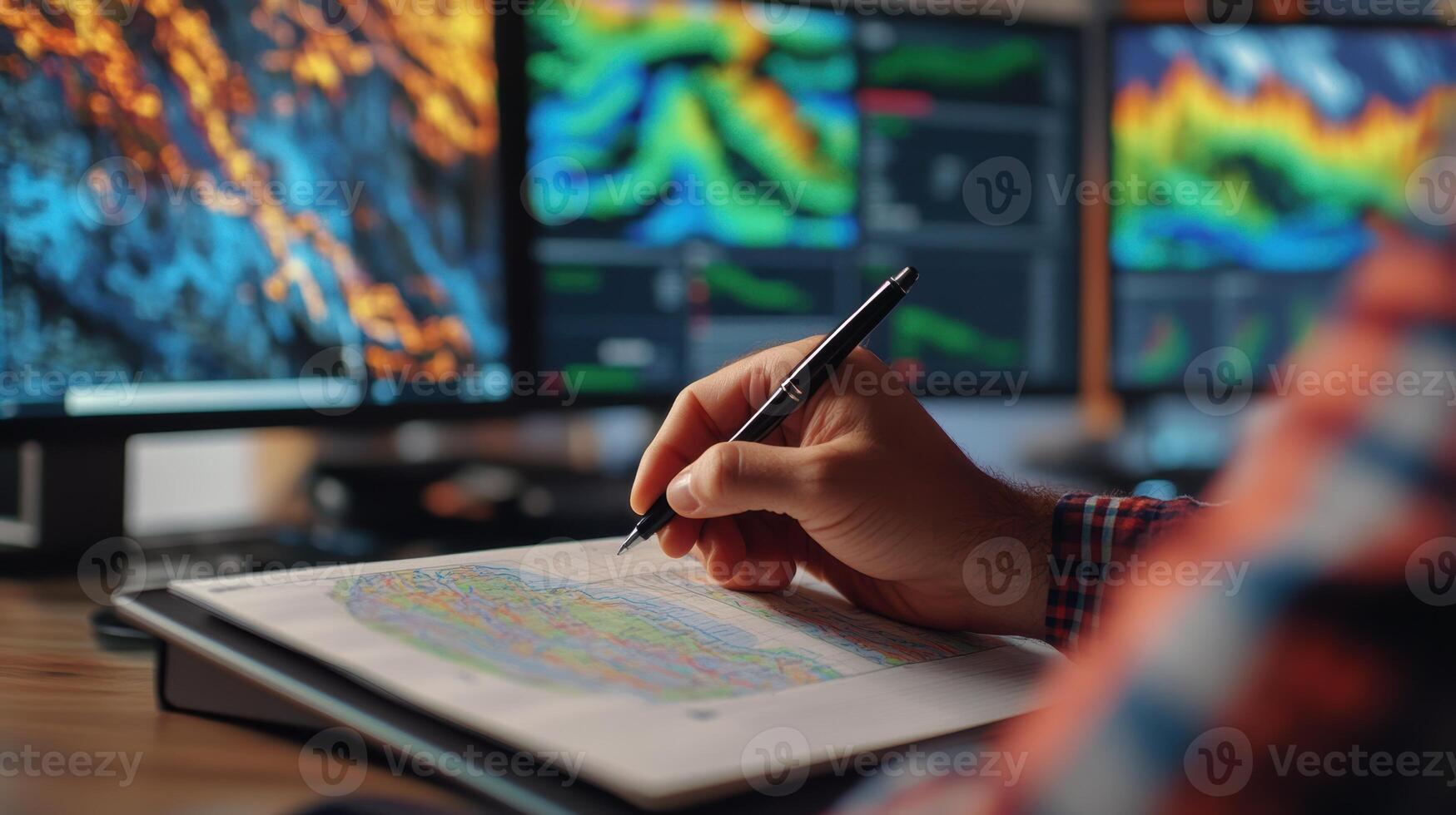 Male geologist analyzing geological maps and data on monitors in a modern office, using a pen for detailed study and interpretation. Weather service office photo