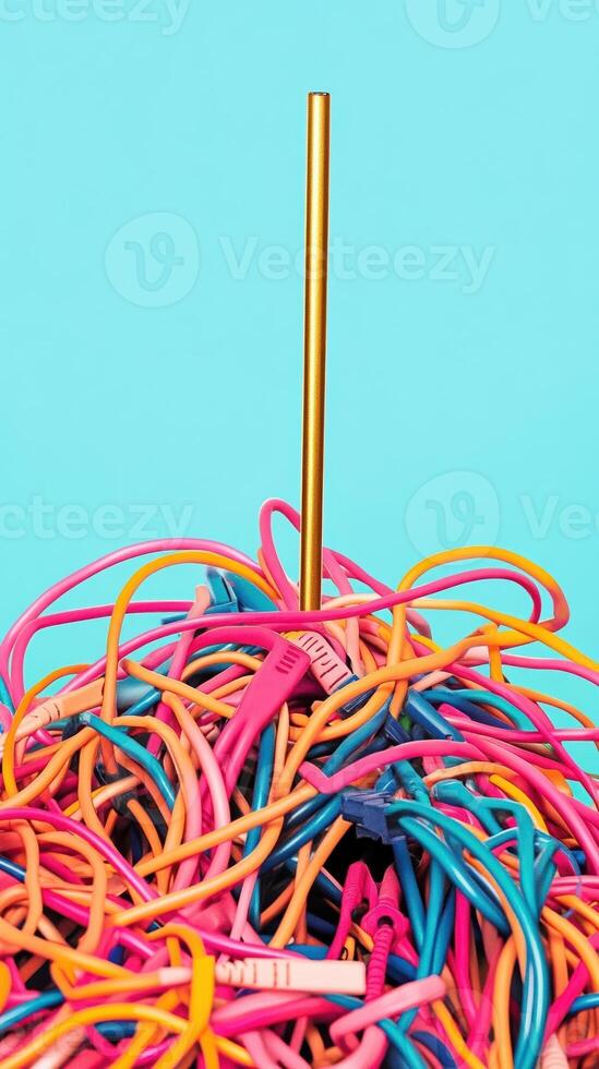 Colorful tangle of network cables with golden straw against blue background embodies technology and connectivity chaos. Deadline approaching photo