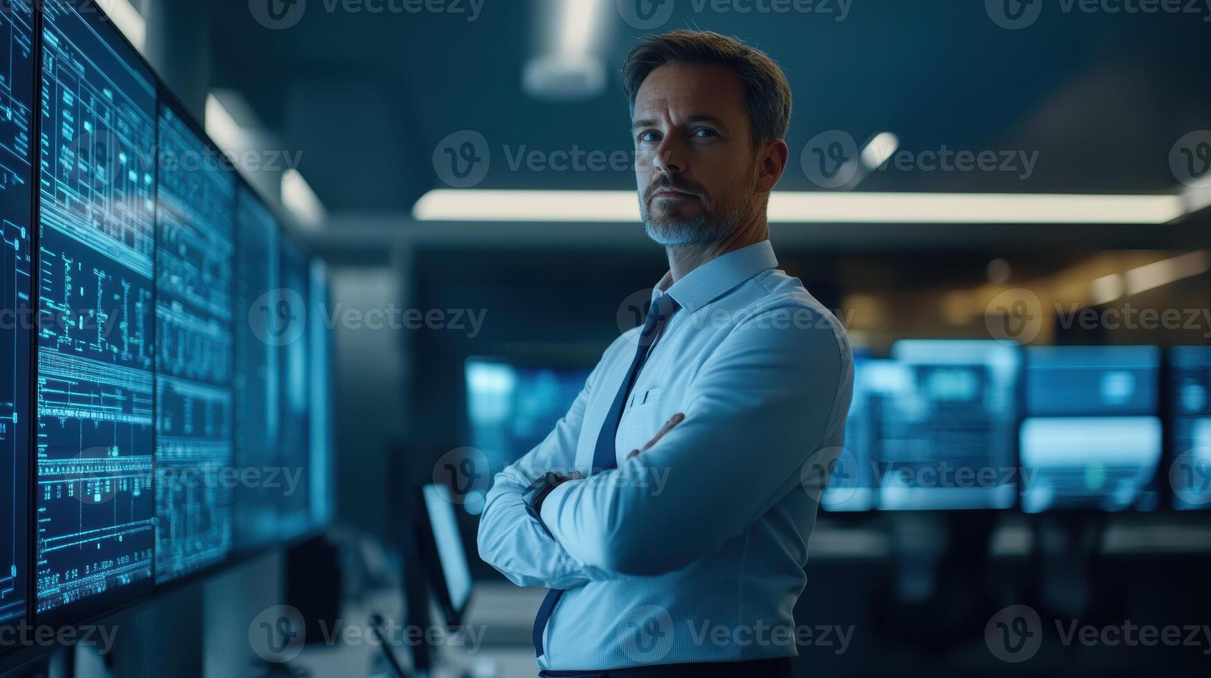 Confident mature caucasian male analyzing data in high-tech control room with advanced monitors and screens displaying technical information. Adjustment electrical panel photo