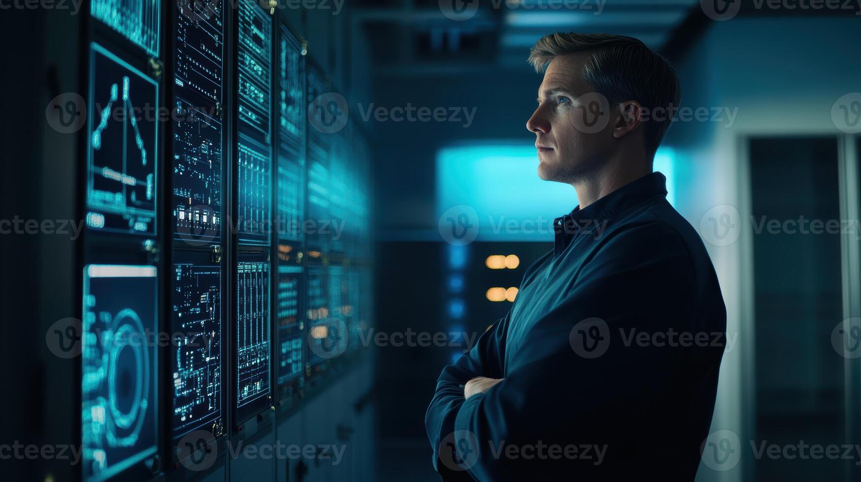 Caucasian male adult analyzing data on futuristic digital screens in a high-tech server room with blue lighting and advanced technology. Adjustment electrical panel photo