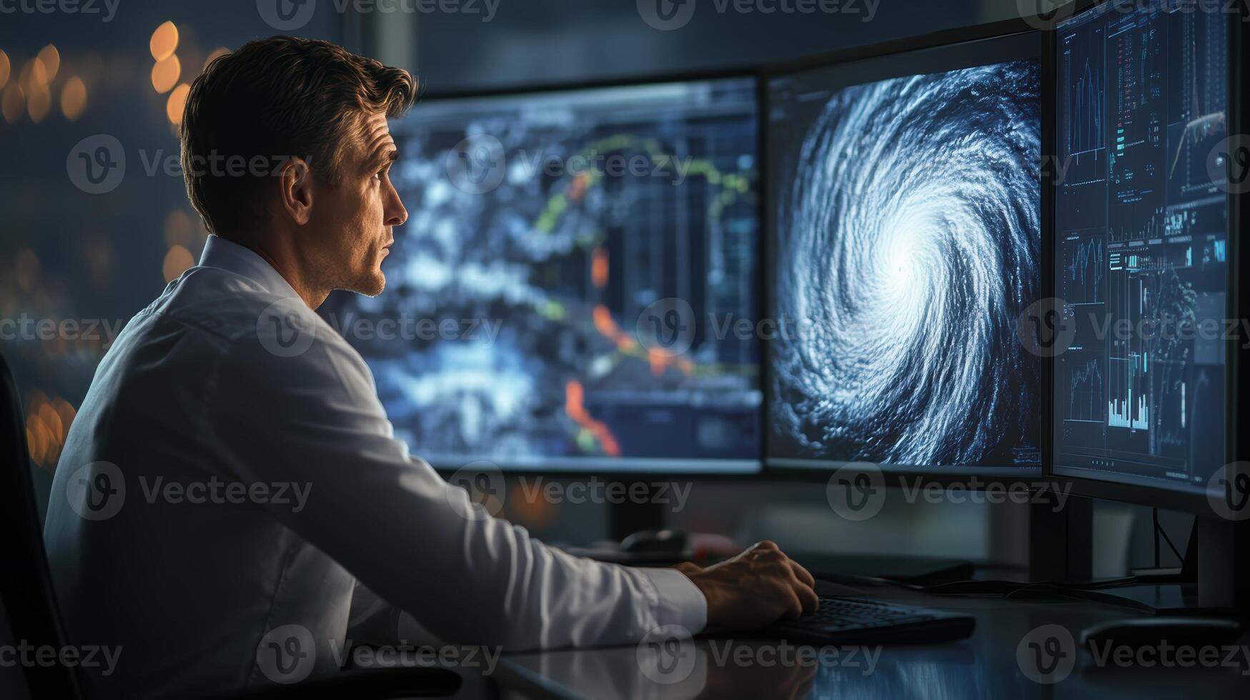 Male adult monitors hurricane data on multiple screens at night, analyzing storm impact on global weather patterns in modern control room. Weather service office photo