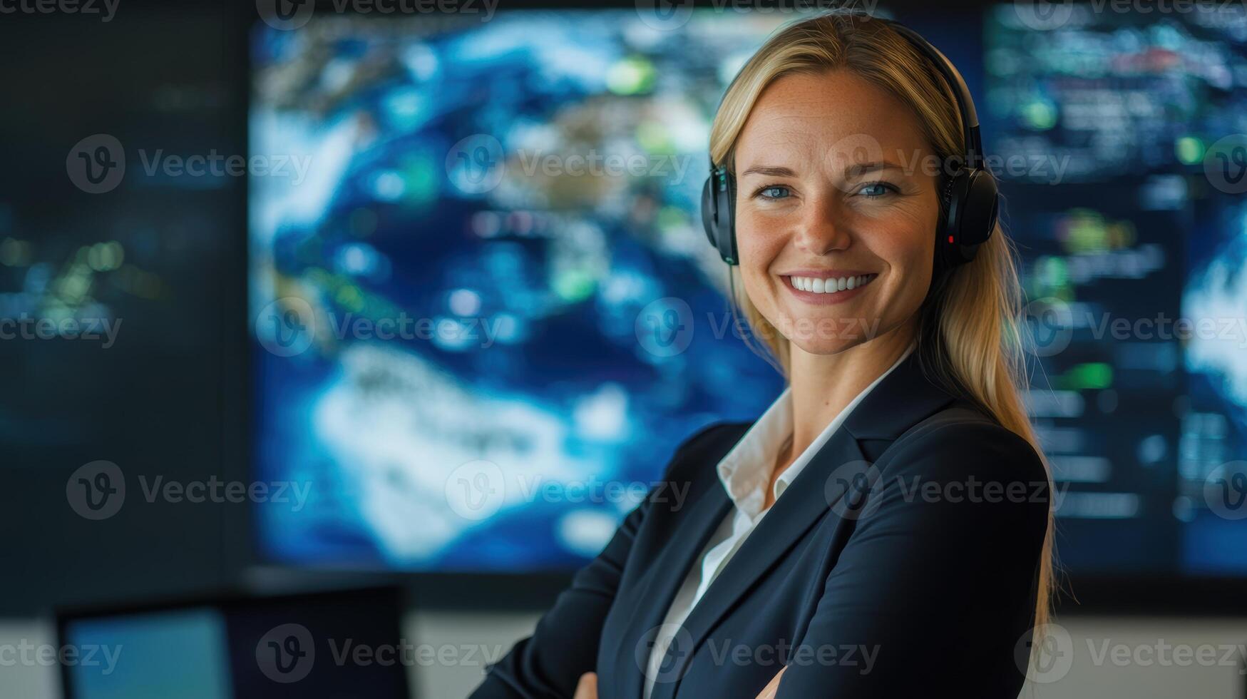 Confident caucasian female adult professional smiles in high-tech environment with global maps in background reflecting innovation and leadership. Weather service office photo