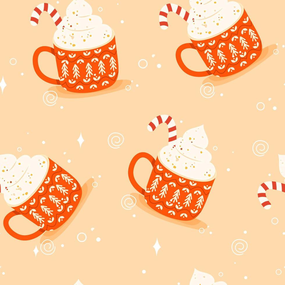 Christmas and New Year season seamless pattern with cozy hot cocoa or coffee mug and candy cane. Perfect for wrapping paper, packaging design, gift wrap, textile, fabric etc vector