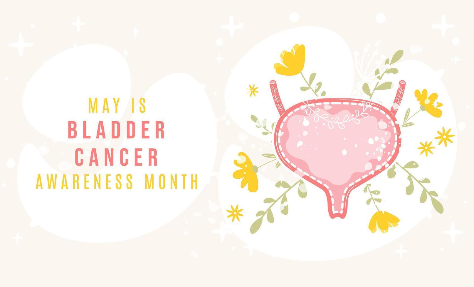 May is Bladder cancer awareness month horizontal banner with floral healthy bladder. Hand drawn illustration in flat cartoon style. Urinary system vector