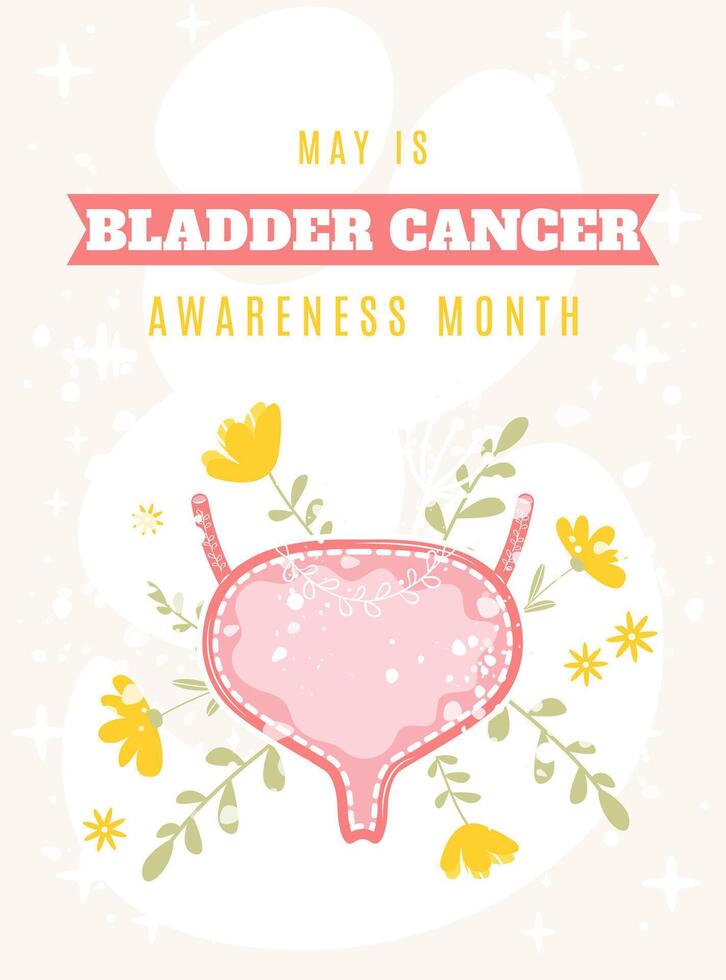 May is Bladder cancer awareness month concept. Healthy bladder with flowers and leaves. Hand drawn flat cartoon style. Perfect for website, banner, poster, flyer and so on vector