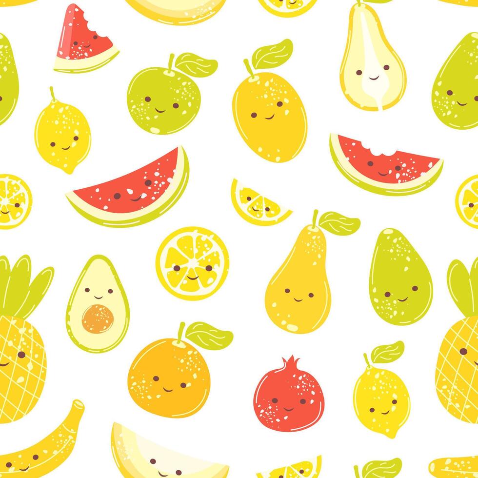Funny cartoon fruits smiling faces seamless pattern. Cute childish kawaii fruits seamless pattern. Perfect for kids textile, fabric, wallpaper and so on vector