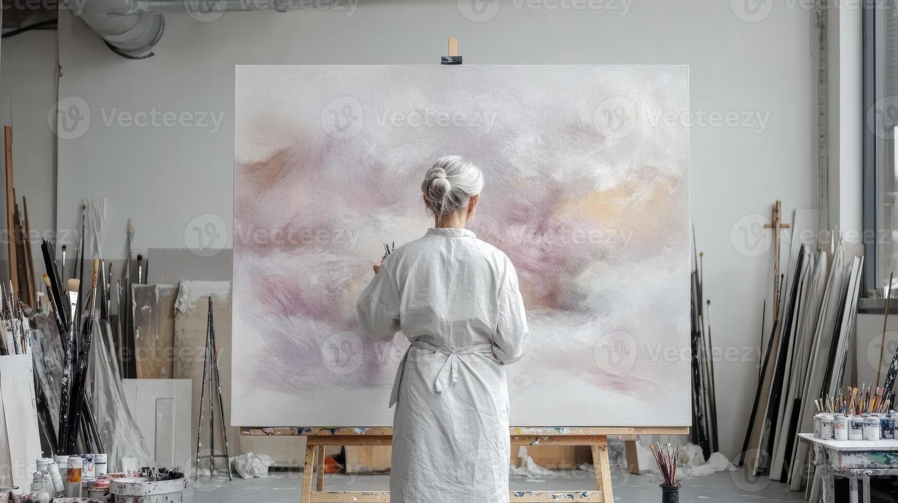 Elderly caucasian female artist in a studio painting a large abstract canvas with pastel hues artistic expression and creativity in a modern industrial setting photo
