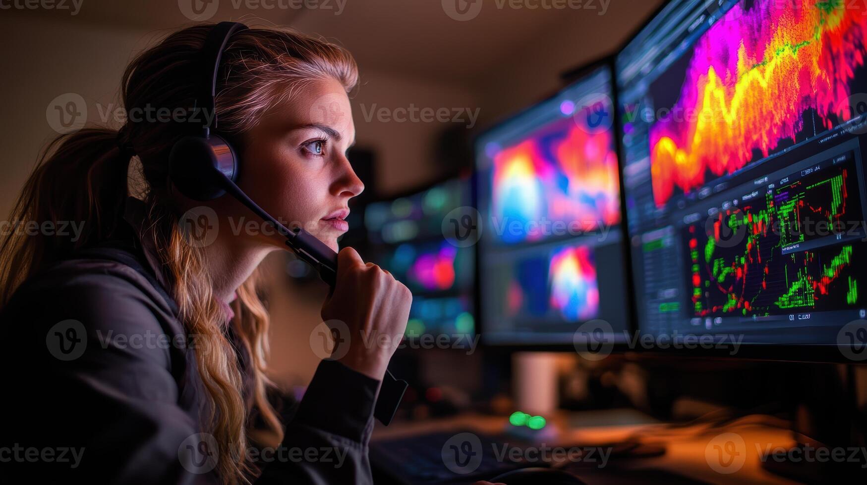 Focused young caucasian woman trader analyzing stock market data on multiple computer screens with intense determination in a dimly lit room. Weather service office photo