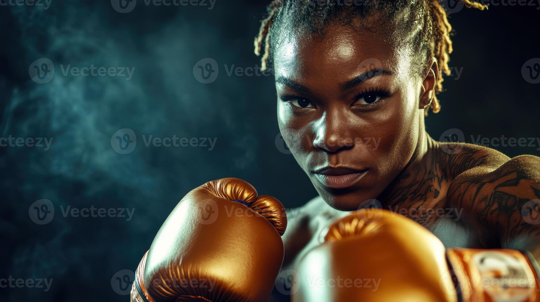 Determined african female boxer ready for a fight with focused expression and gold gloves in a smoky boxing gym background. Ring boxing competitions photo