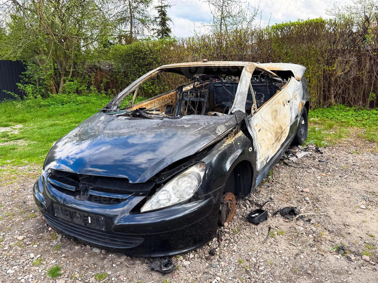 Severely burned black car with missing wheels and extensive fire damage, abandoned in a grassy field surrounded by trees and shrubs under a partly cloudy sky photo